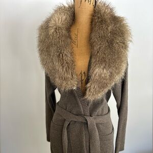 Banana Republic chocolate soft long sleeve tie cardigan sweater with faux fur